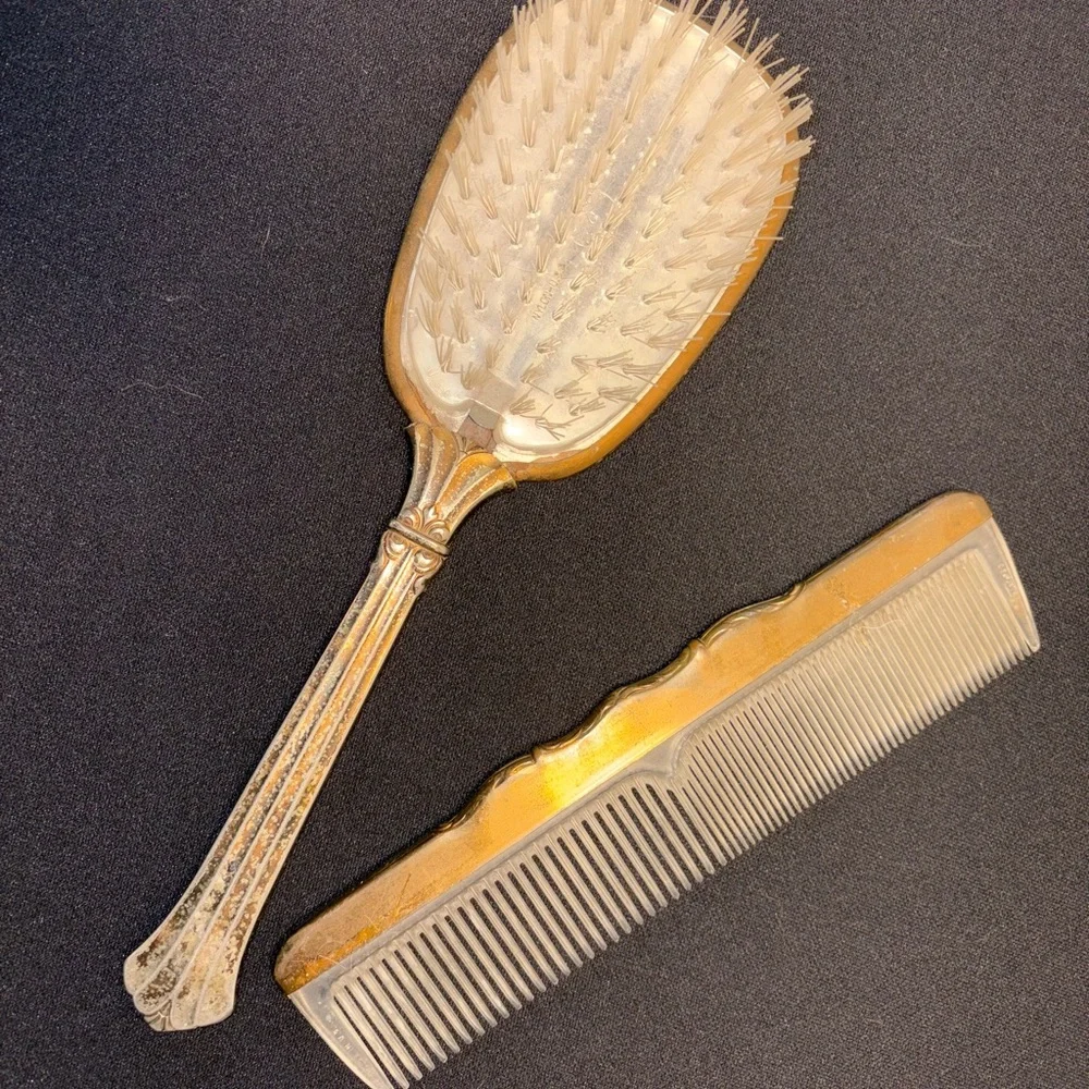 1950’s 2 Piece Vanity Set Gold and Silver Toned Floral Pattern Brush and Comb